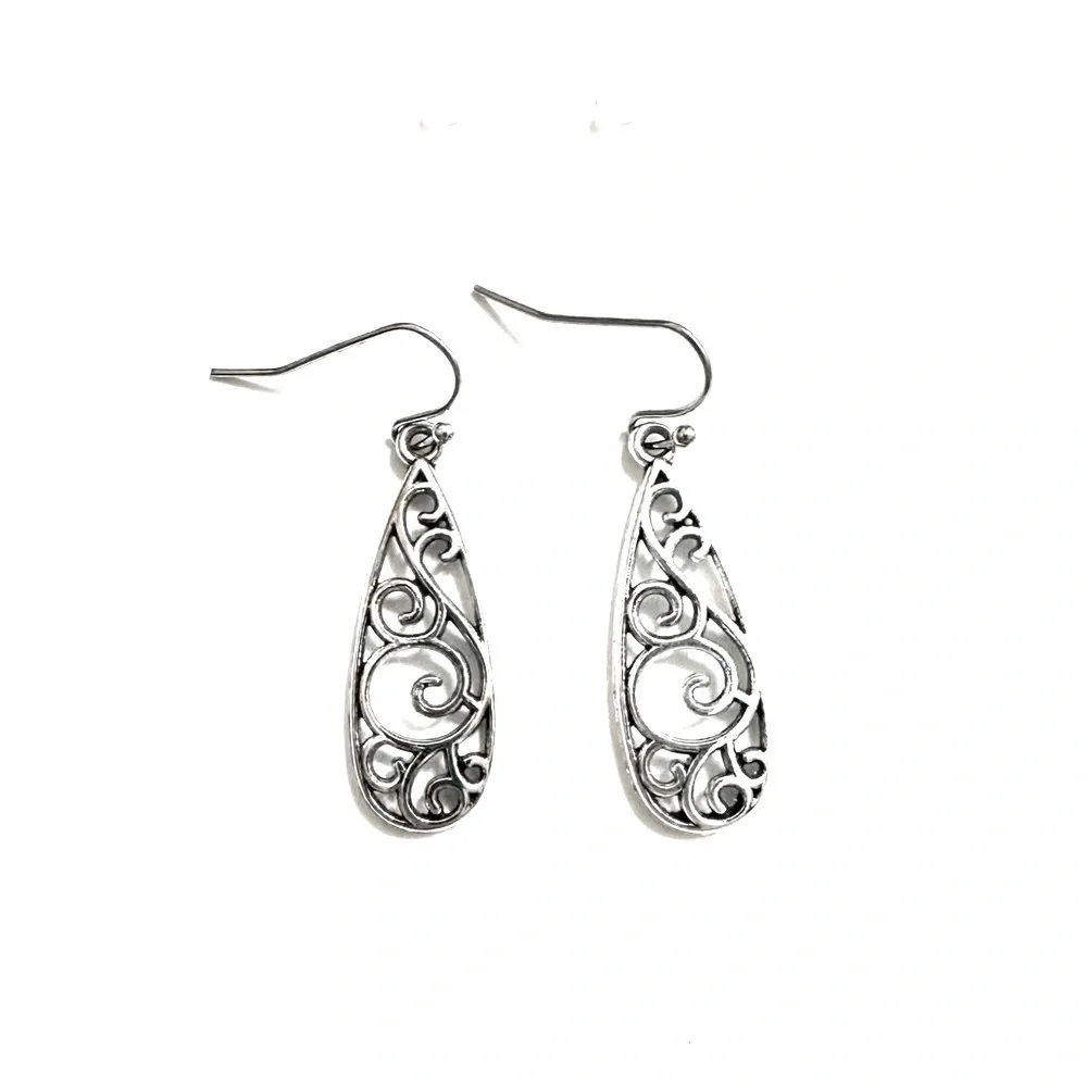 Vintage Style Silver Tone Hoop Dangle Earrings